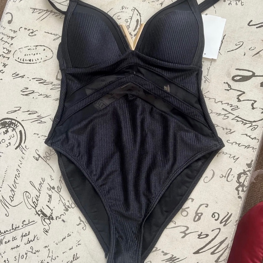 New Swimsuit River Island US Size 2 Black Golden V and Sheer Accent. One-piece
